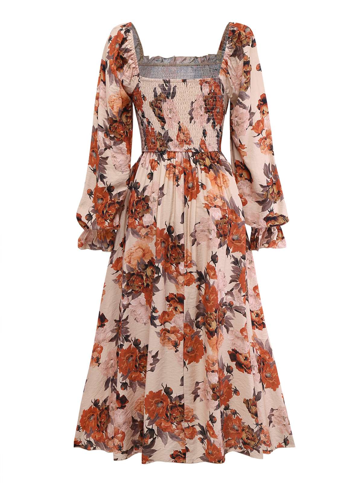 Multicolor 1930s Floral Smocked Cinched Sleeve Dress - Image 2