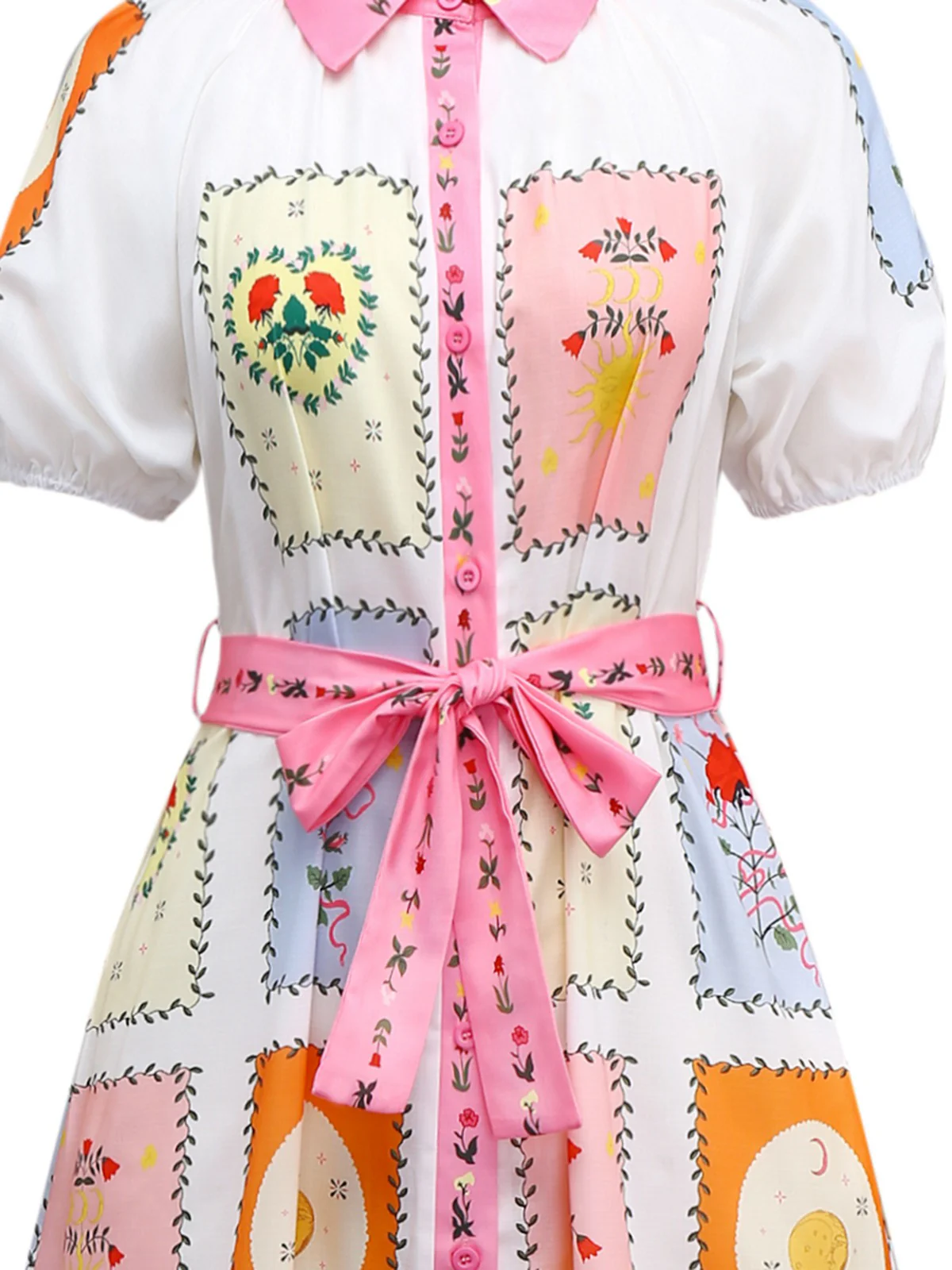 Multicolor 1930s Floral Sun Moon Belted Dress - Image 4