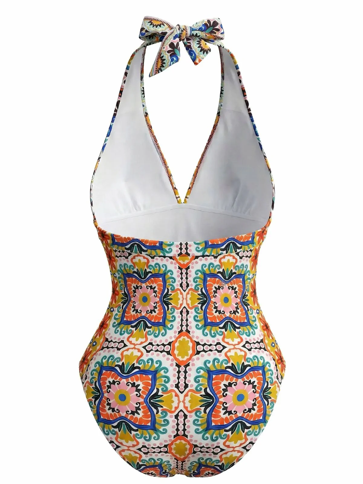 Multicolor 1930s Mediterranean Print Halter One-Piece Swimsuit - Image 2