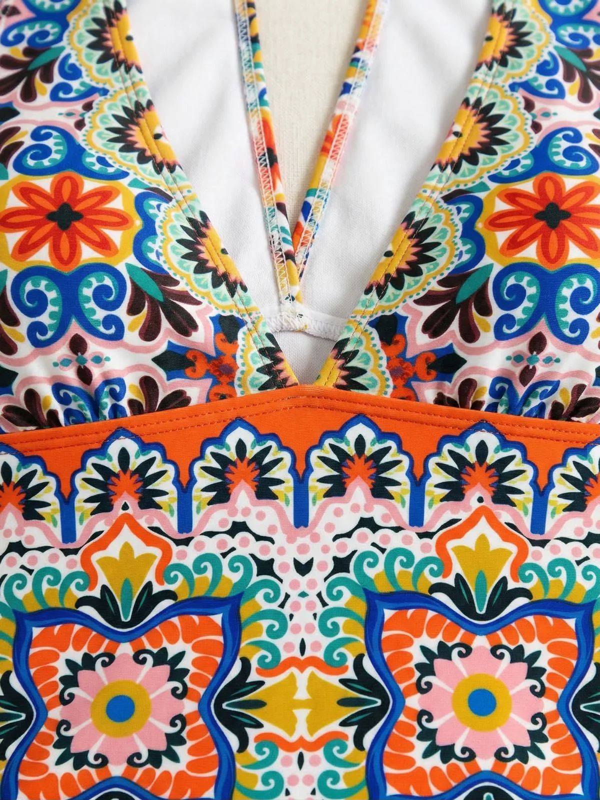 Multicolor 1930s Mediterranean Print Halter One-Piece Swimsuit - Image 3