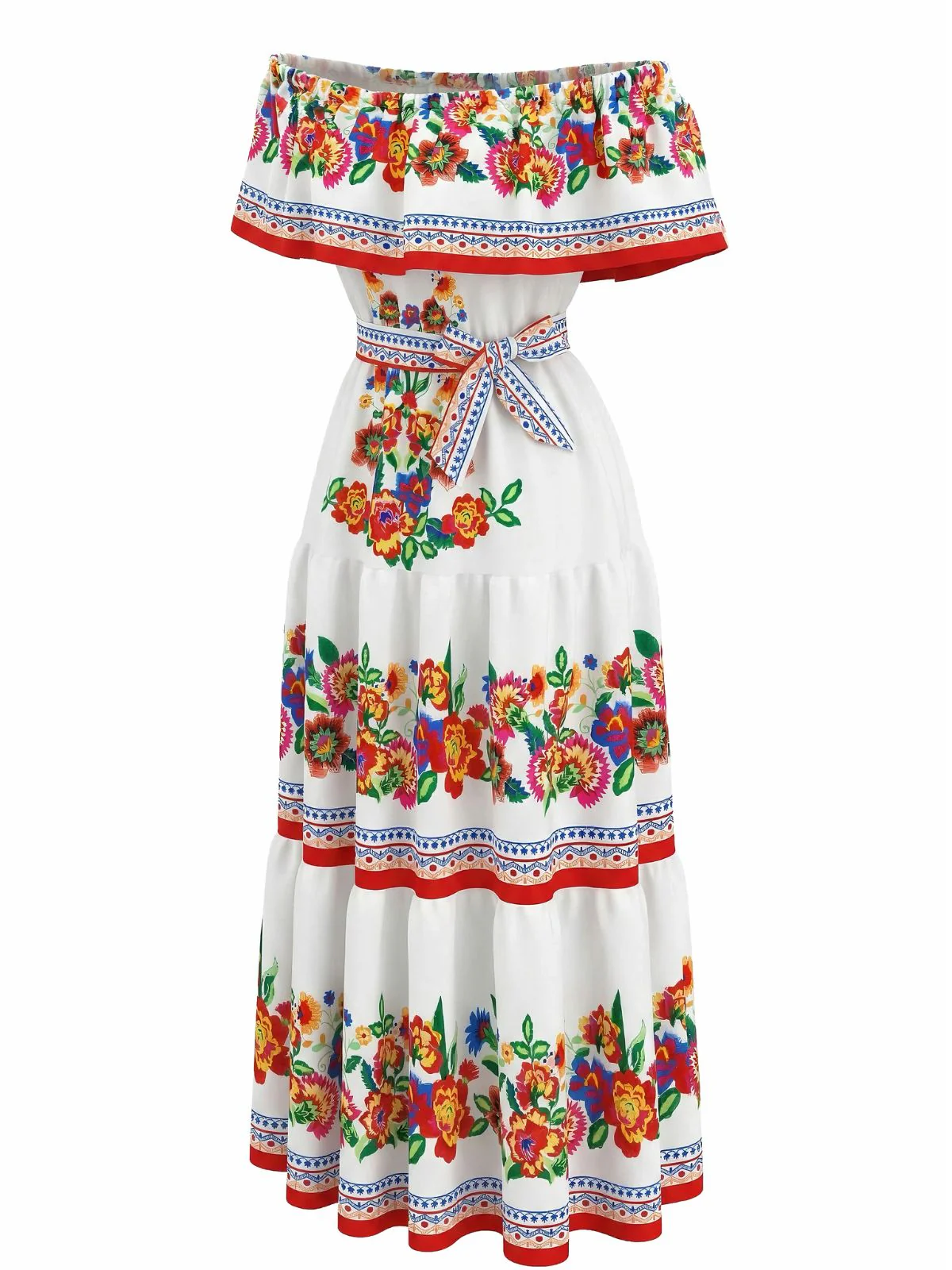 Multicolor 1930s Off-Shoulder Floral Boho Maxi Dress with Belt - Image 2