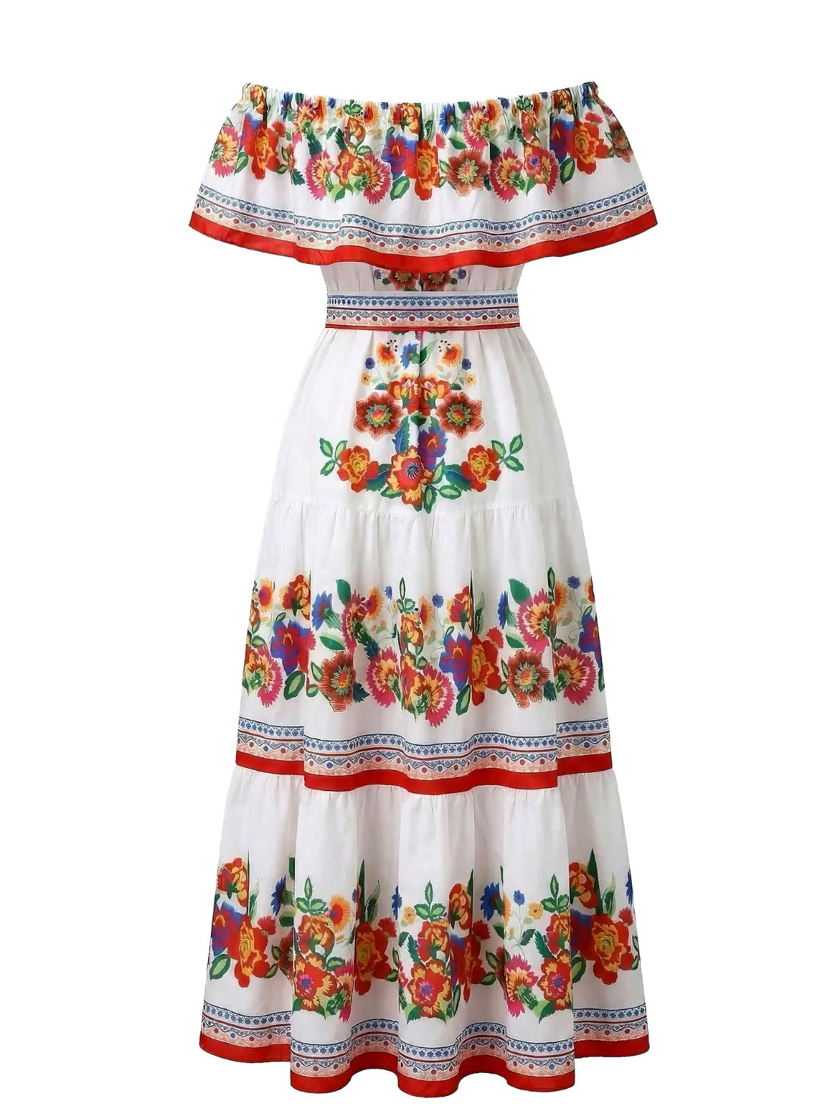 Multicolor 1930s Off-Shoulder Floral Boho Maxi Dress with Belt - Image 3