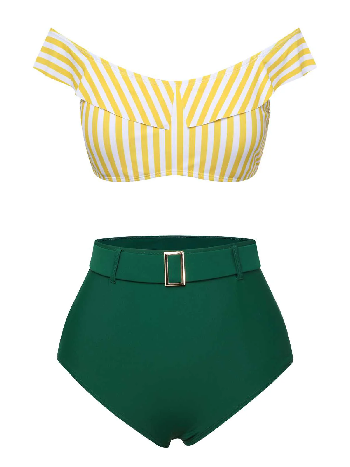 Multicolor 1930s Off-Shoulder Stripes Swimsuit - Image 2