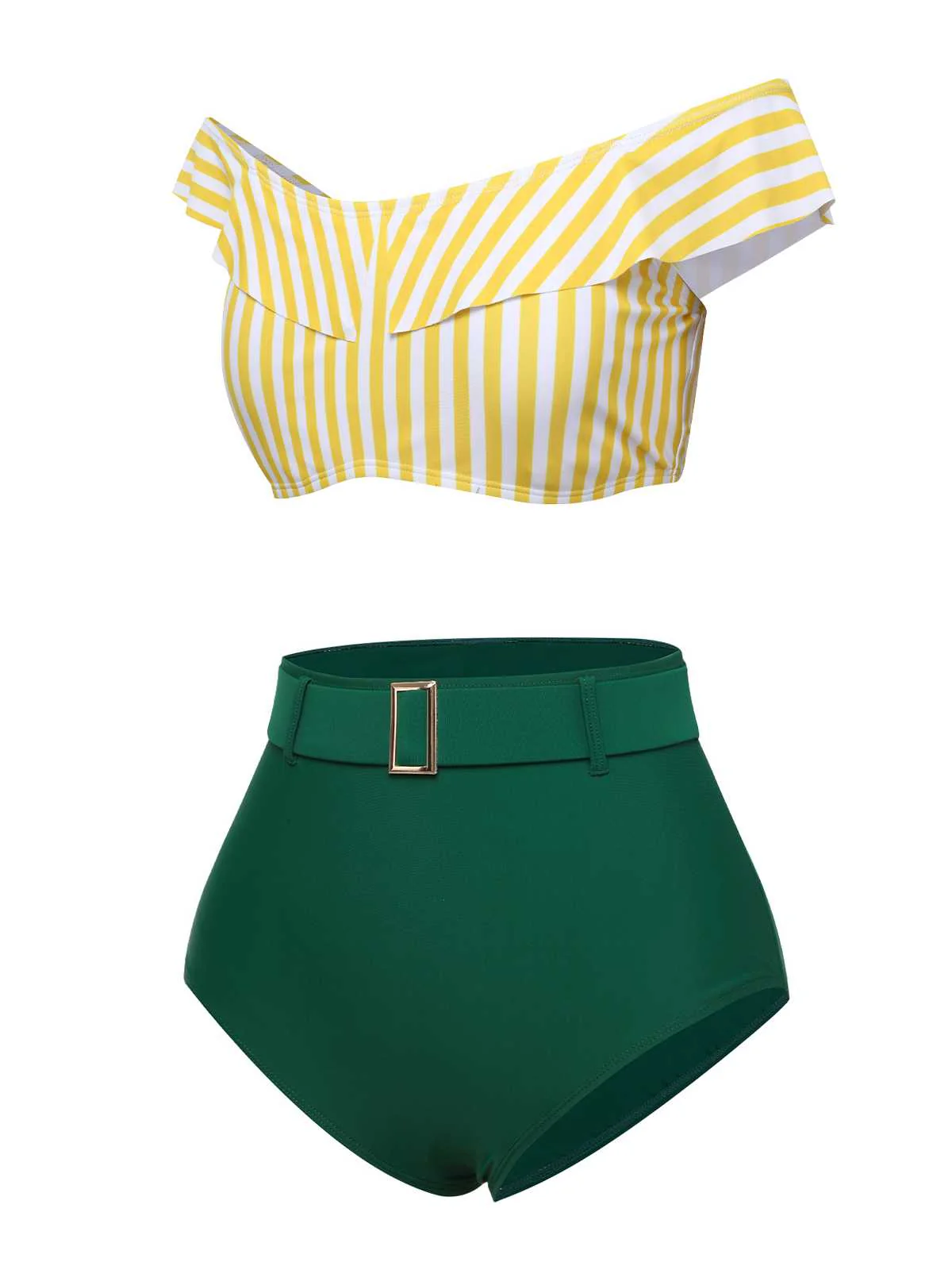 Multicolor 1930s Off-Shoulder Stripes Swimsuit - Image 3