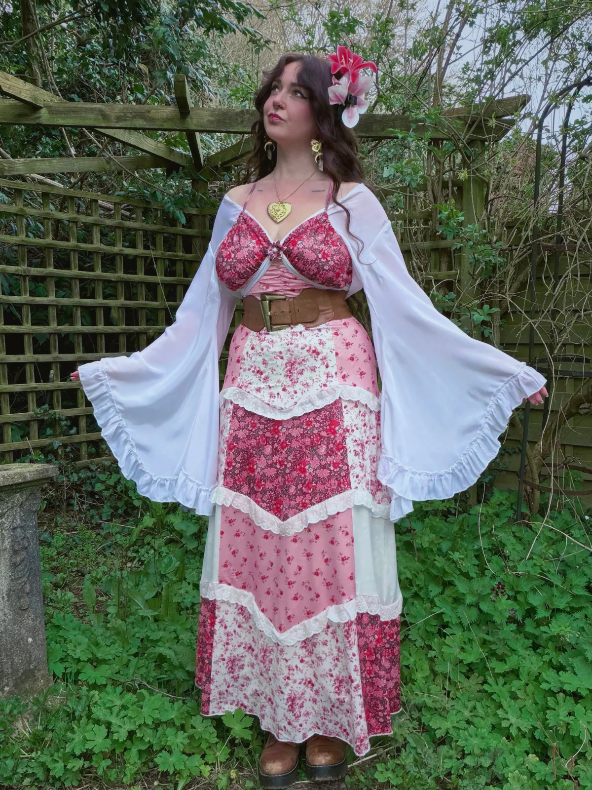 Multicolor 1930s Quilt Floral Print Ruffled Strap Dress - Image 2