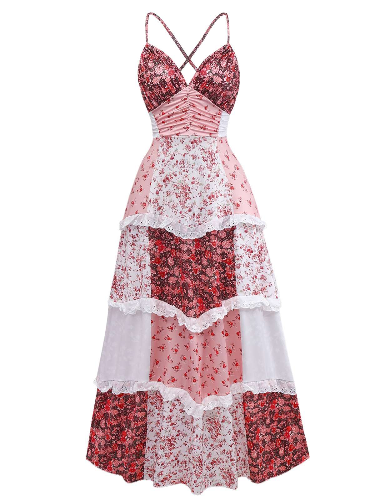 Multicolor 1930s Quilt Floral Print Ruffled Strap Dress - Image 4
