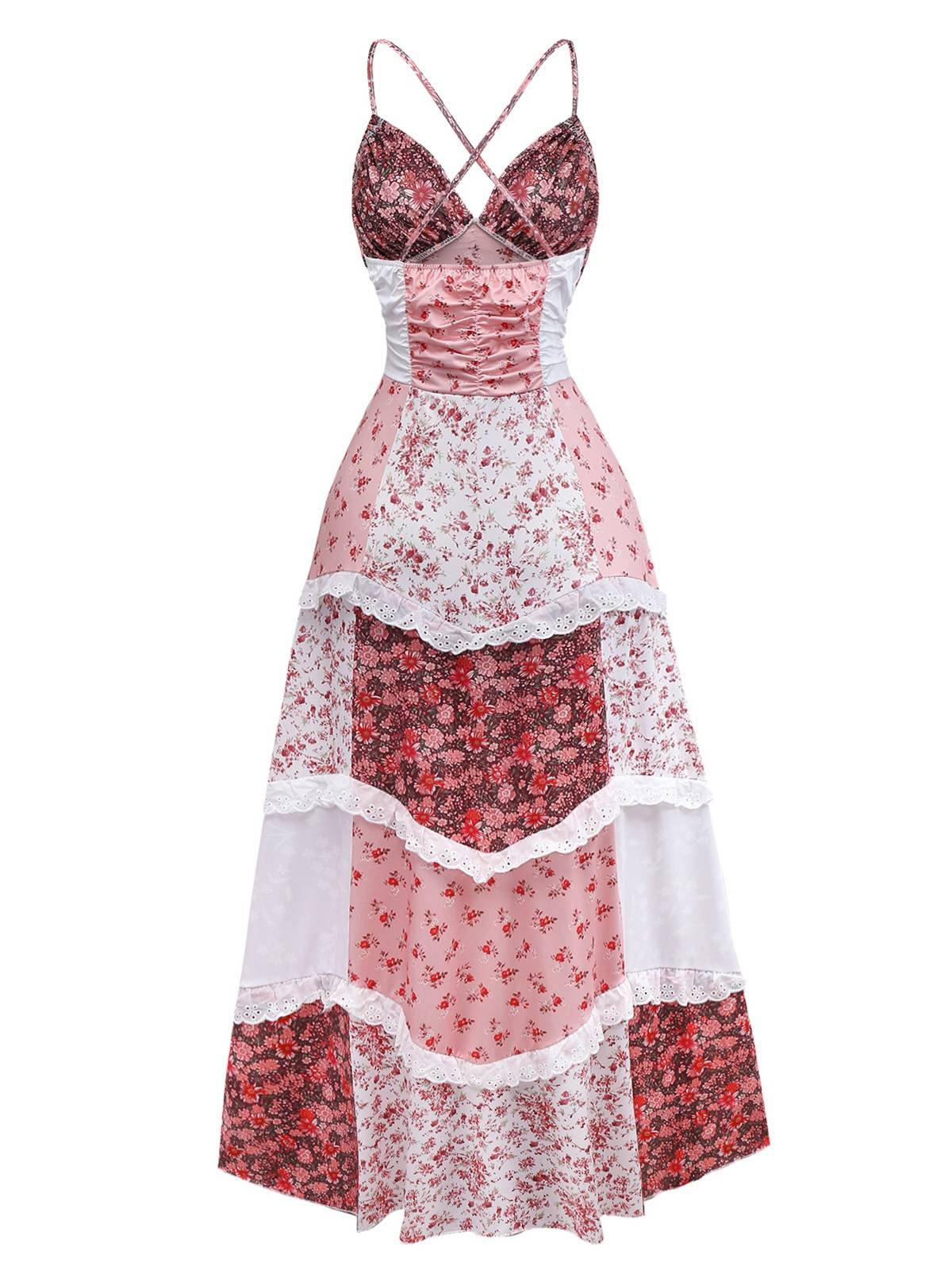 Multicolor 1930s Quilt Floral Print Ruffled Strap Dress - Image 5
