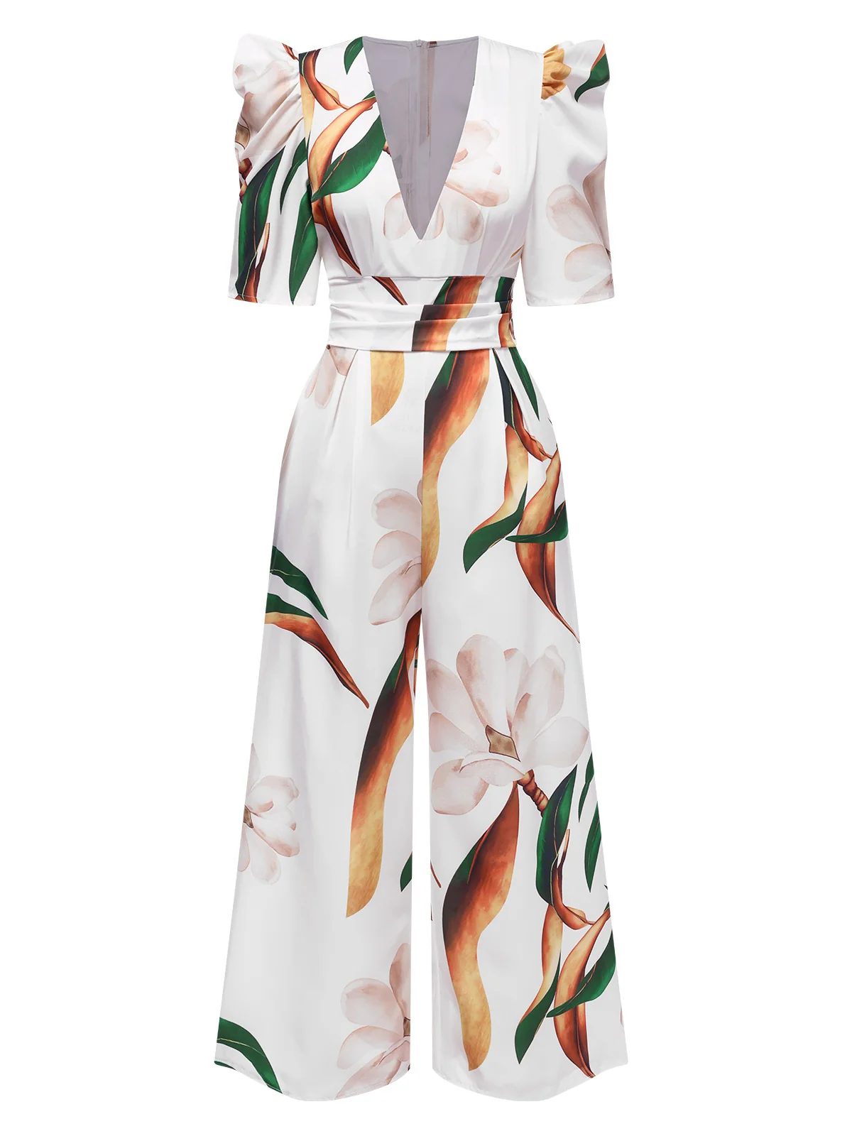 Multicolor 1930s V-Neck Puff Magnolia Floral Jumpsuit - Image 2