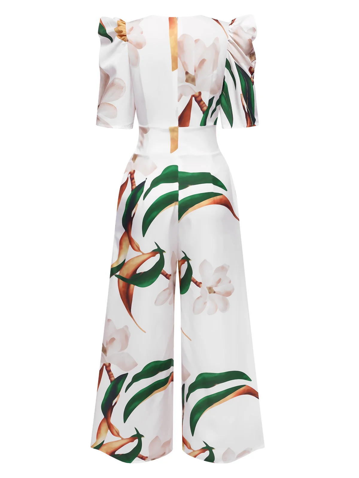 Multicolor 1930s V-Neck Puff Magnolia Floral Jumpsuit - Image 3