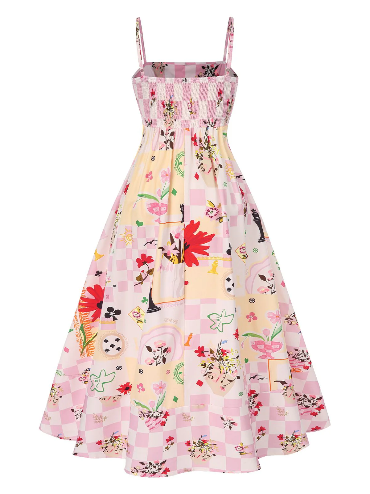 Multicolor 1940s Checkerboard Floral Spaghetti Straps Dress - Image 2