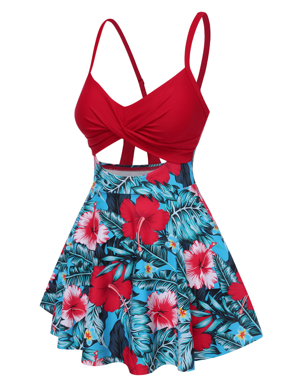Multicolor 1940s Floral Hollow Straps Swim Dress - Image 2
