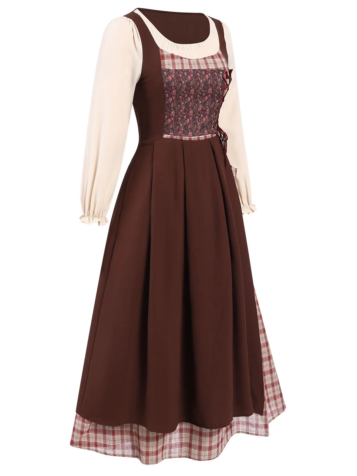 Multicolor 1940s Floral Plaid Pastoral Dress - Image 3