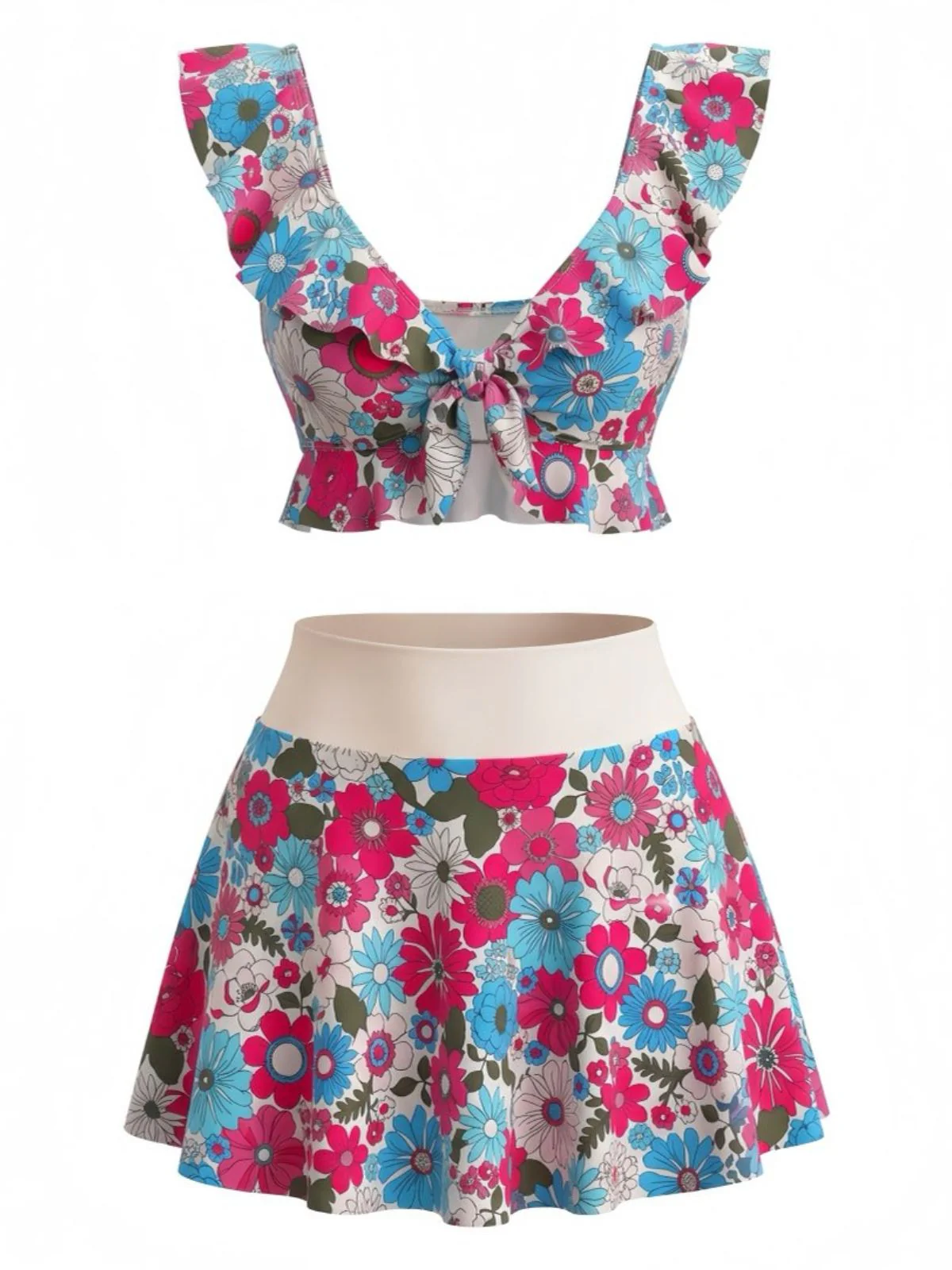 Multicolor 1940s Floral Ruffled Sweetheart Neck Tankini Set - Image 2