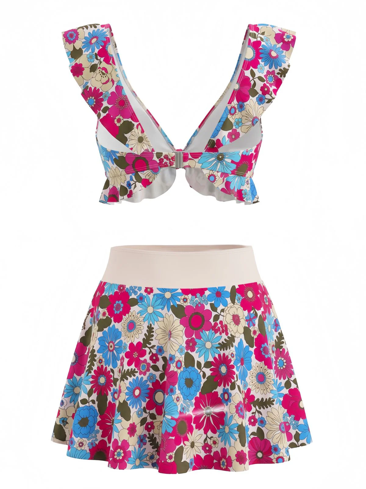 Multicolor 1940s Floral Ruffled Sweetheart Neck Tankini Set - Image 3
