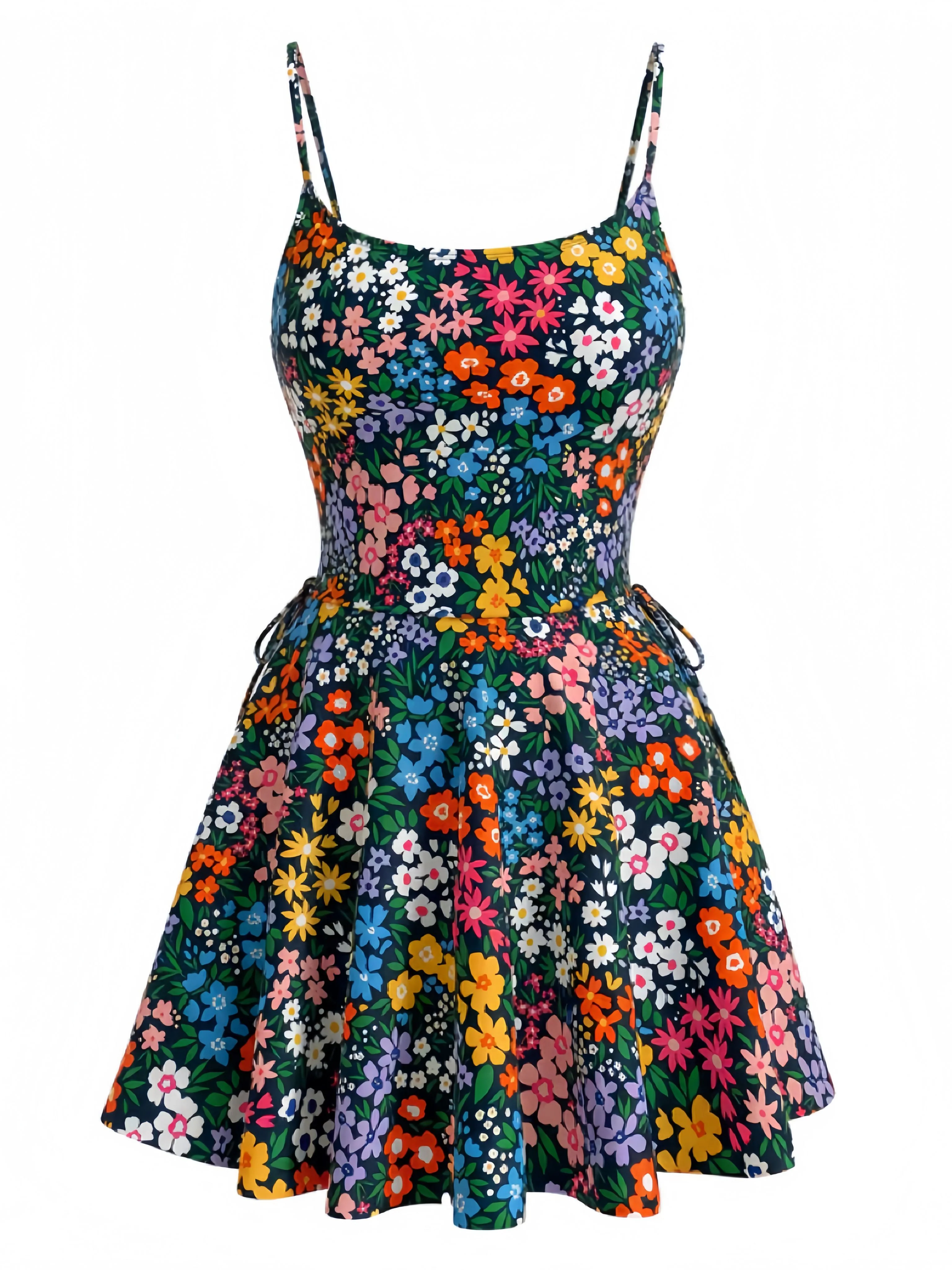 Multicolor 1940s Floral U-Neck Tankini Set - Image 2