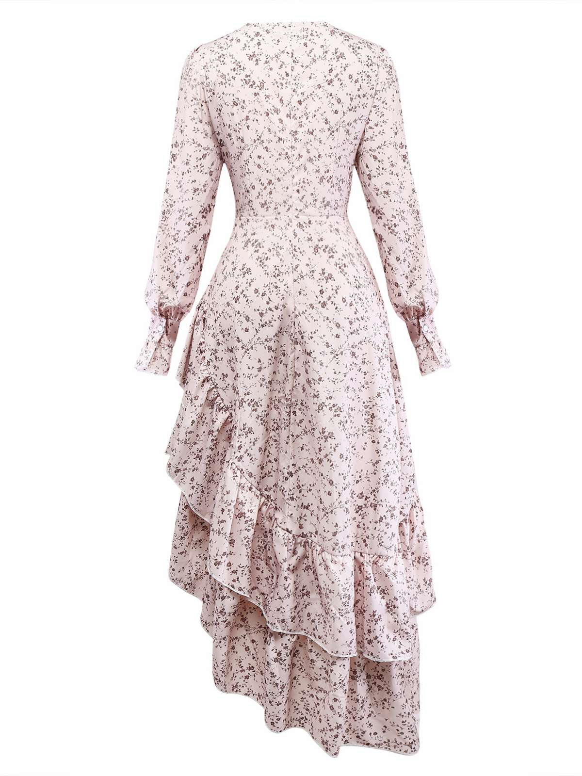 Multicolor 1940s Floral V-Neck Irregular Ruffle Hem Dress - Image 3