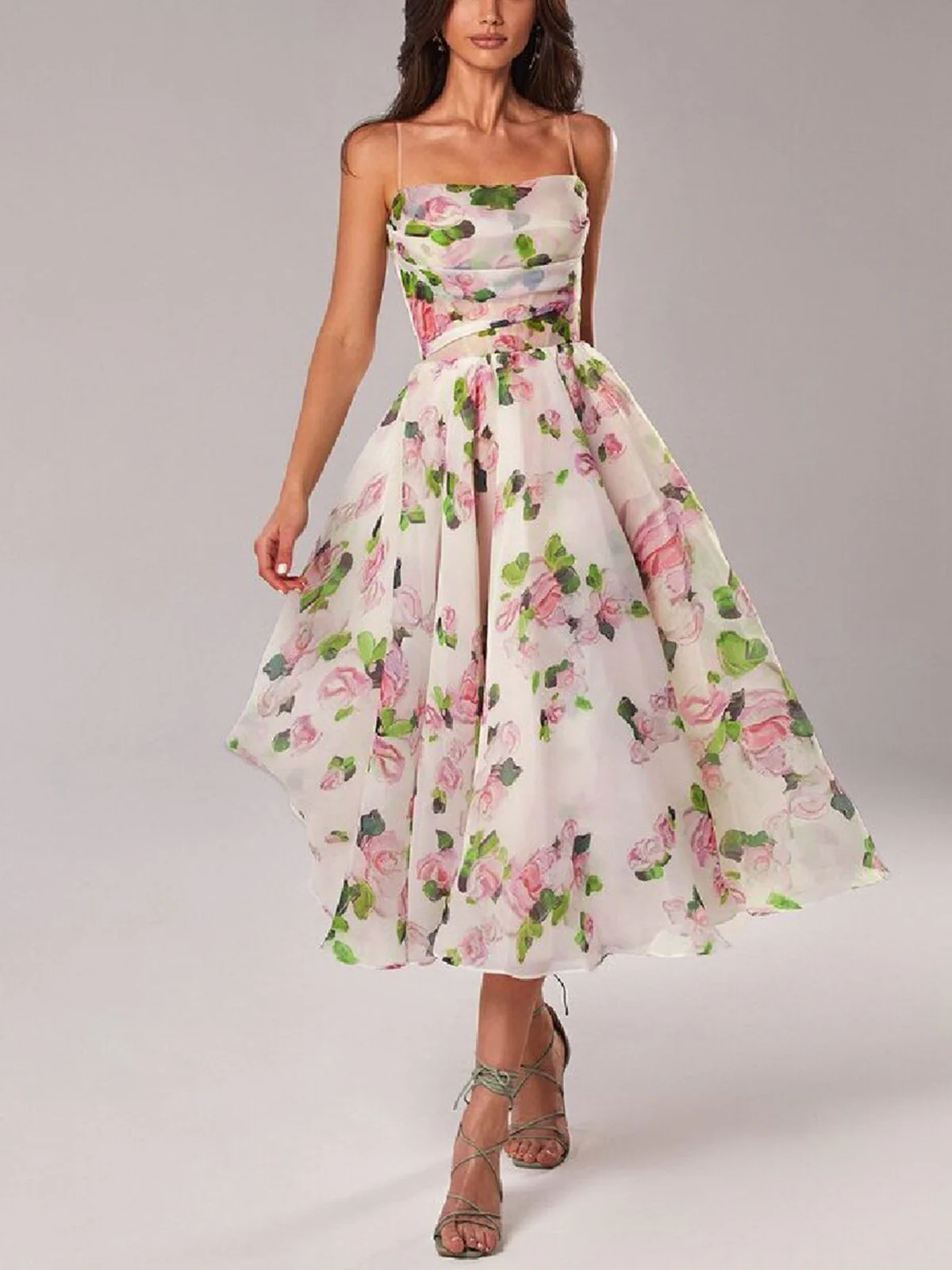 Multicolor 1940s Organza Floral Spaghetti Straps Dress - Image 2