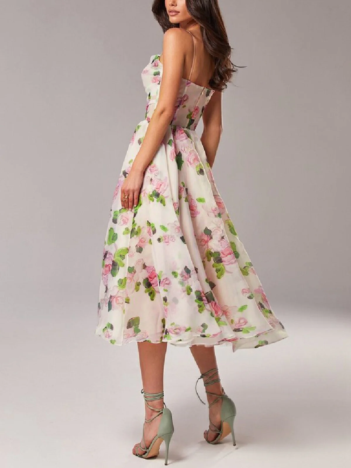 Multicolor 1940s Organza Floral Spaghetti Straps Dress - Image 3