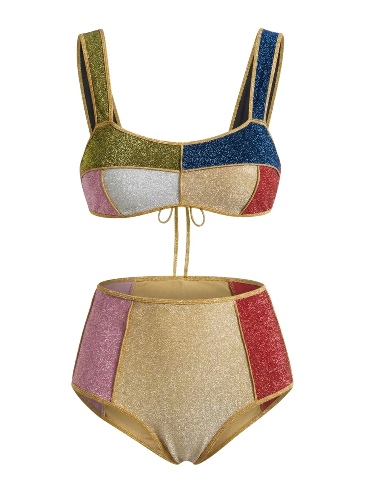 Multicolor 1940s Patchwork Metallic Bikini Set - Image 2