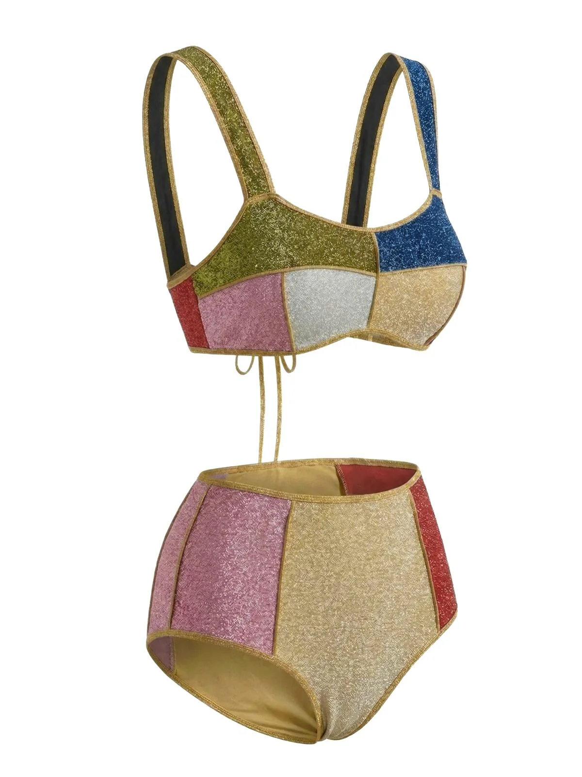 Multicolor 1940s Patchwork Metallic Bikini Set - Image 3
