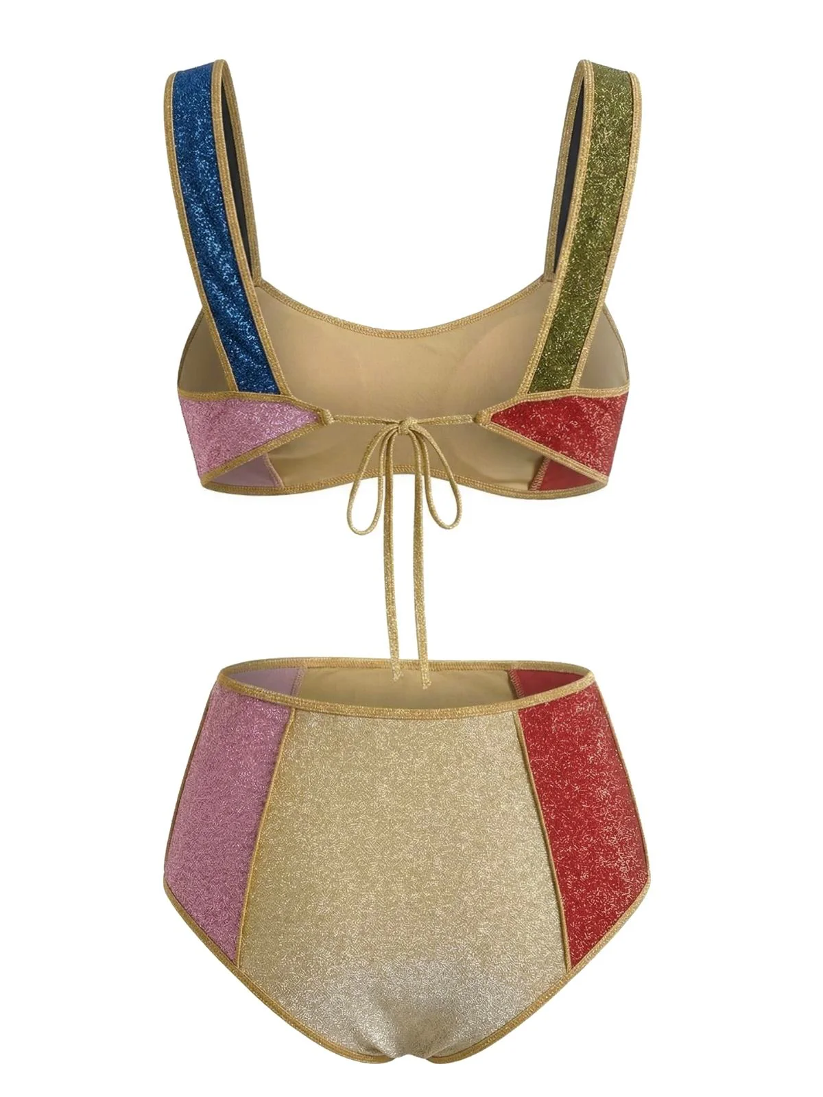 Multicolor 1940s Patchwork Metallic Bikini Set - Image 4