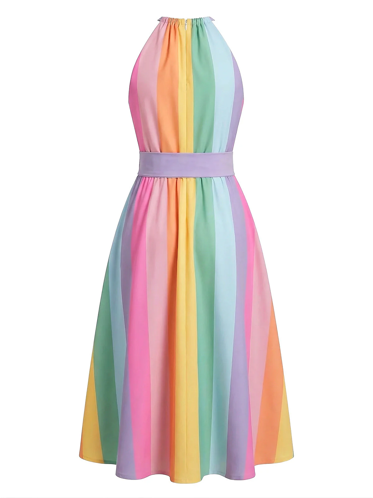 [Pre-Sale] Multicolor 1950s Rainbow Striped Sleeveless Belted Midi Dress - Image 2