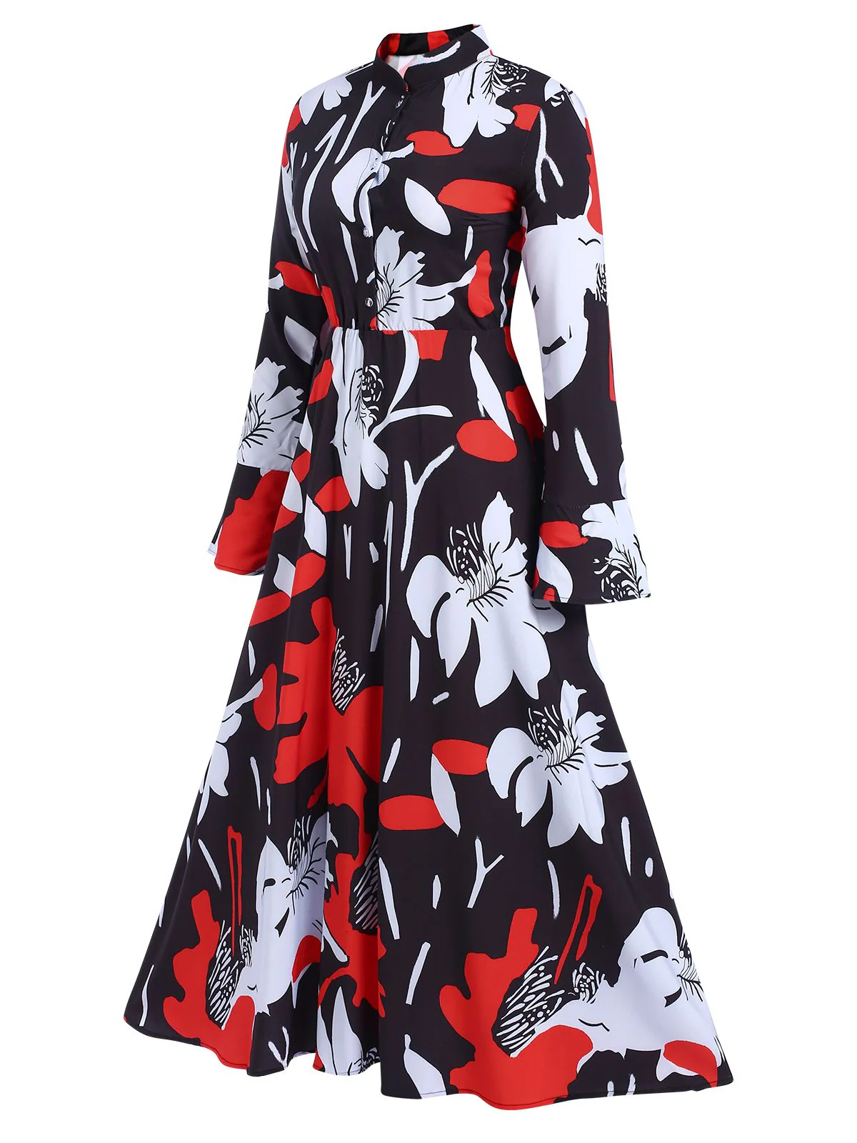 Multicolor 1940s Round Neck Floral A-Line Dress - Image 3