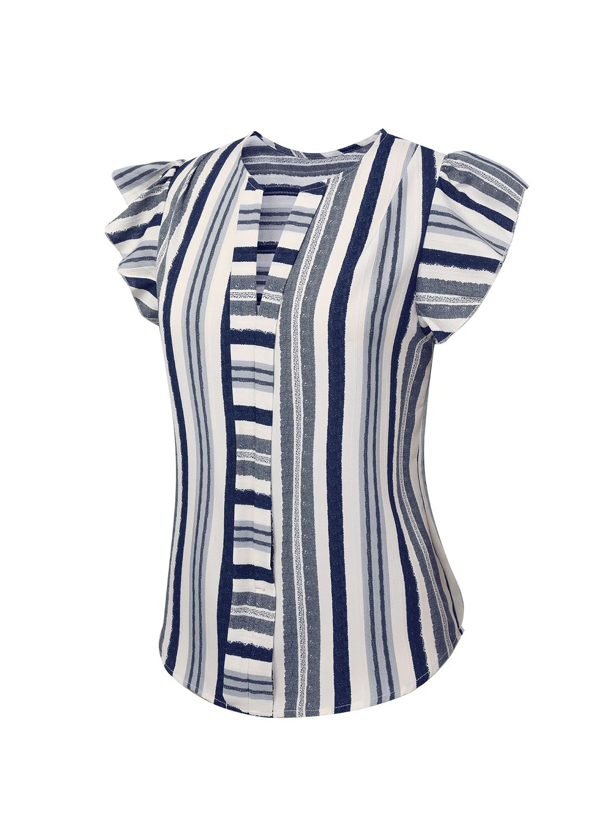 Multicolor 1940s Striped Ruffles V-Neck Cap Blouse - Image 2