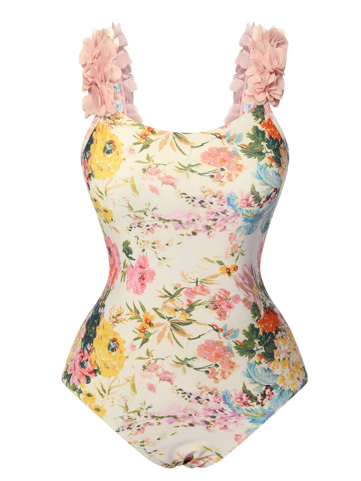 Multicolor 1950s 3D-Flowers Spaghetti Straps Swimsuit - Image 6