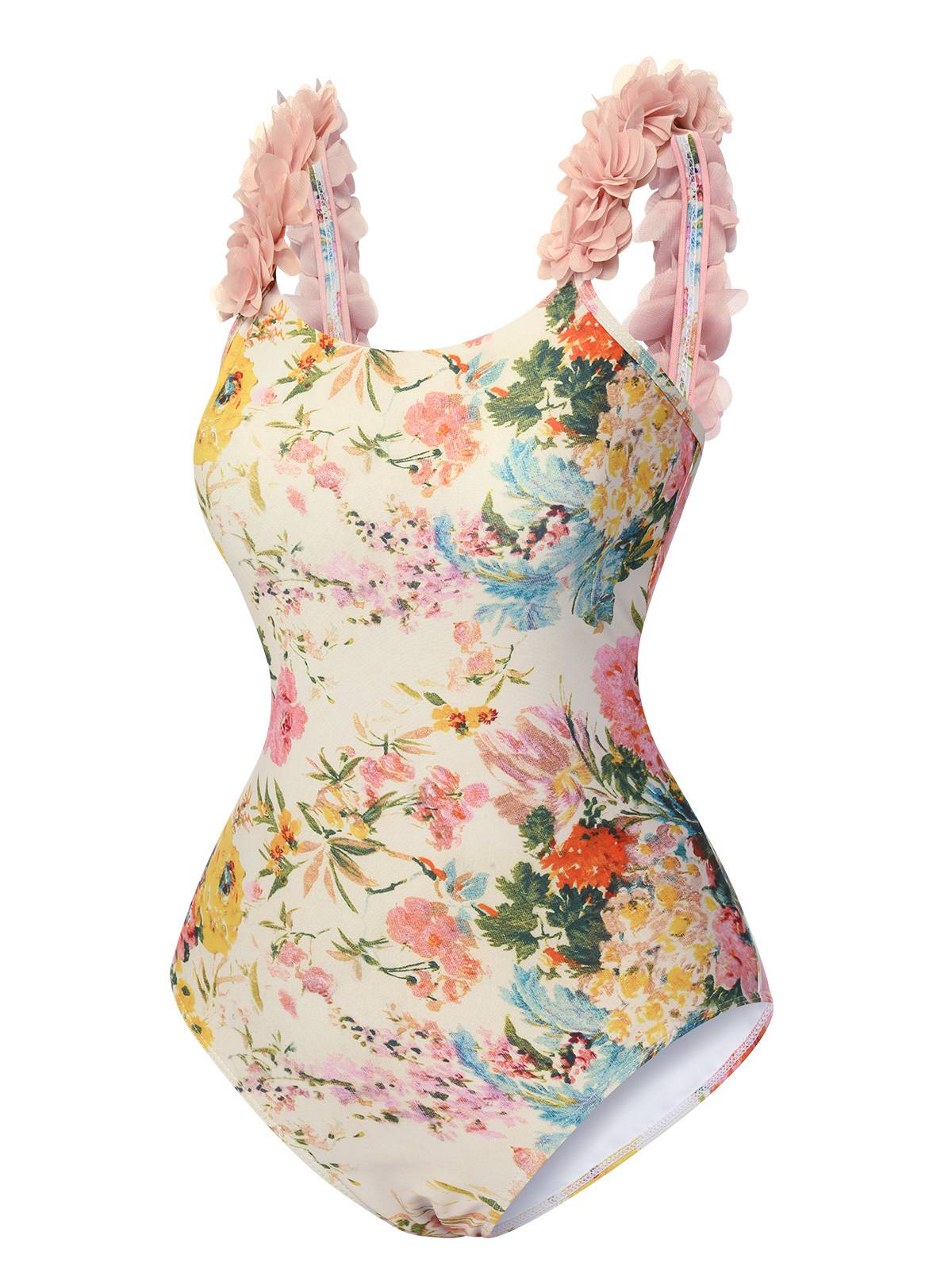 Multicolor 1950s 3D-Flowers Spaghetti Straps Swimsuit - Image 7