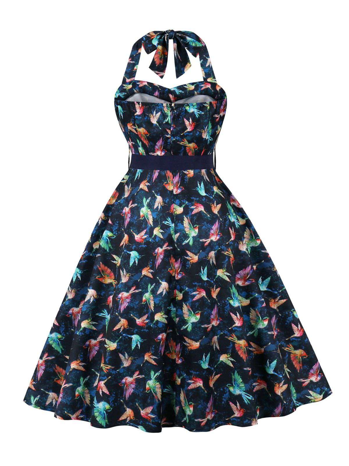 Multicolor 1950s Bird Halter Neck Belted Dress - Image 2