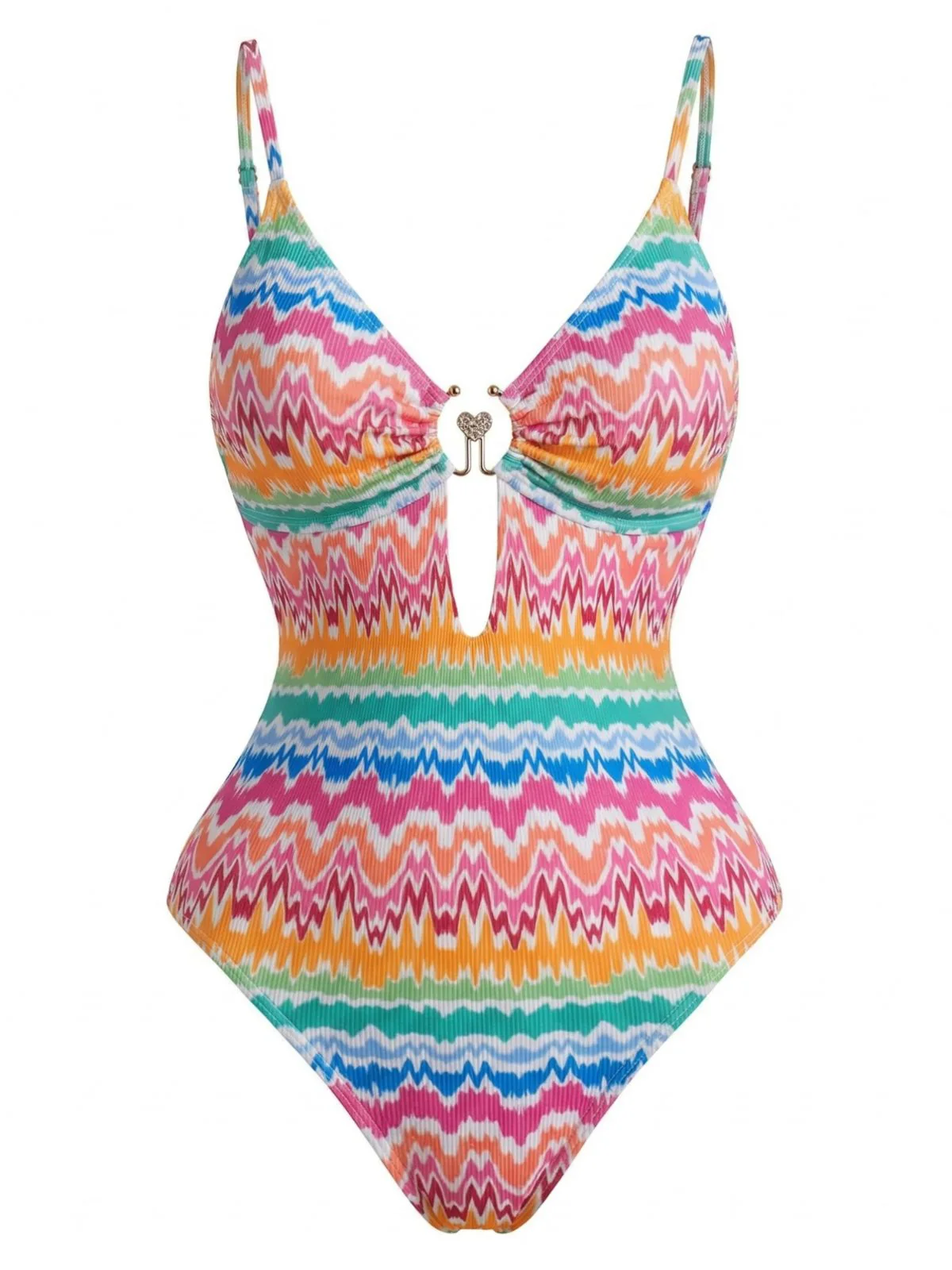 Multicolor 1950s Chevron Print Heart Ring One-Piece Swimsuit - Image 2