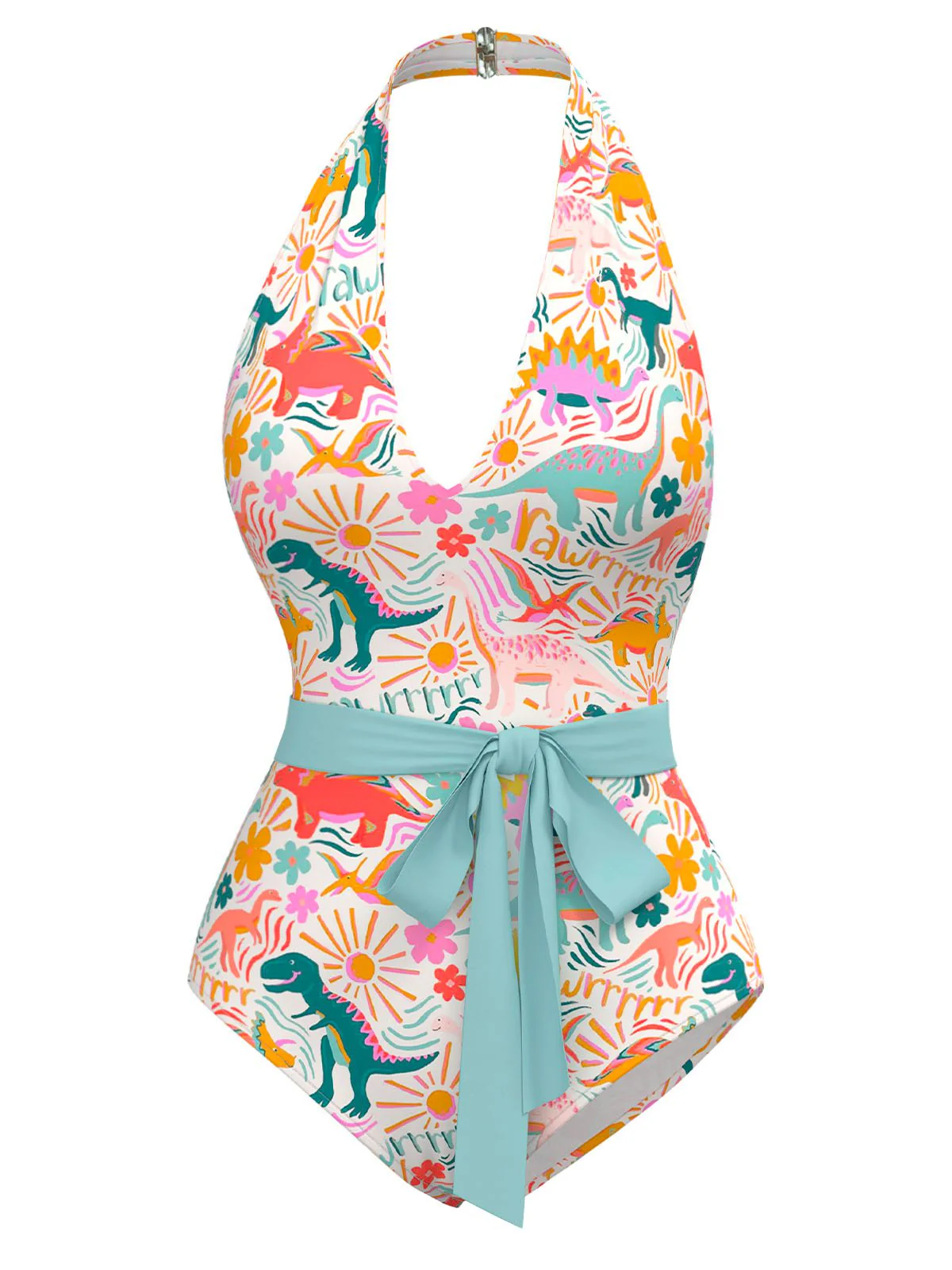 Multicolor 1950s Dinosaur Print Halter One-Piece Swimsuit - Image 2