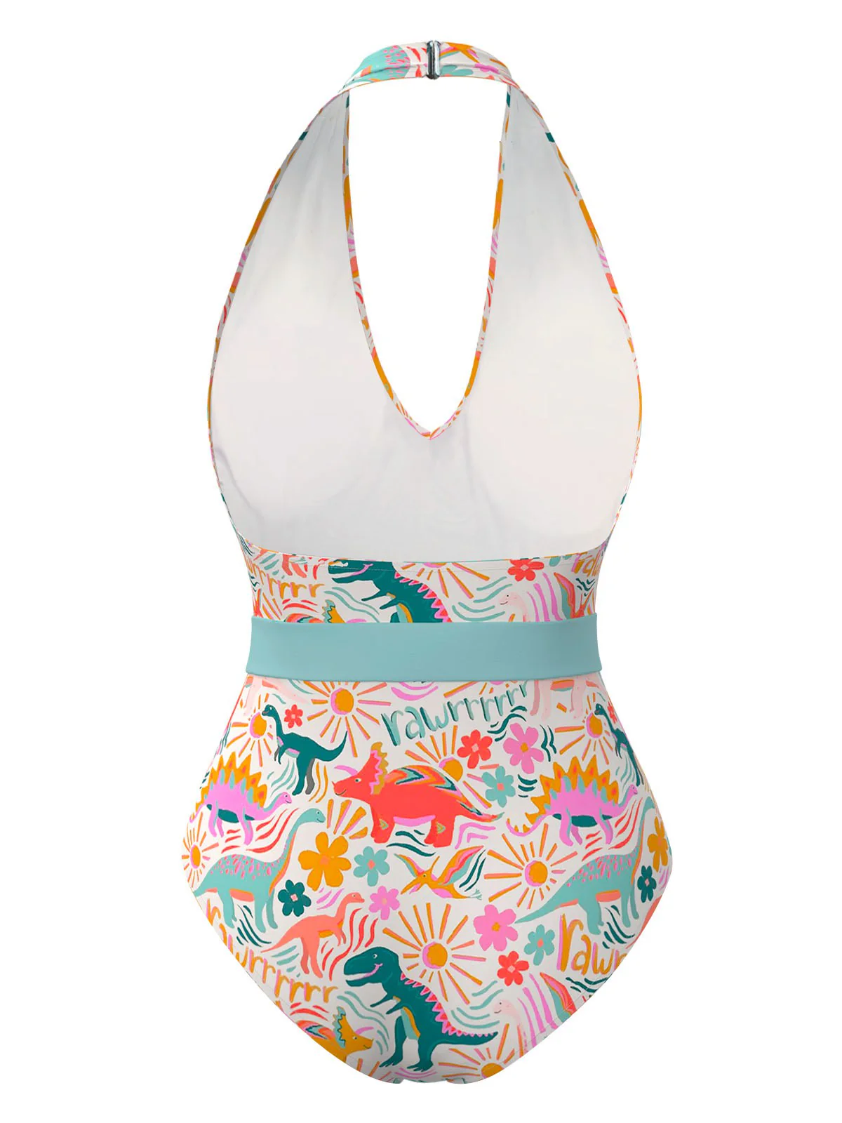 Multicolor 1950s Dinosaur Print Halter One-Piece Swimsuit - Image 3