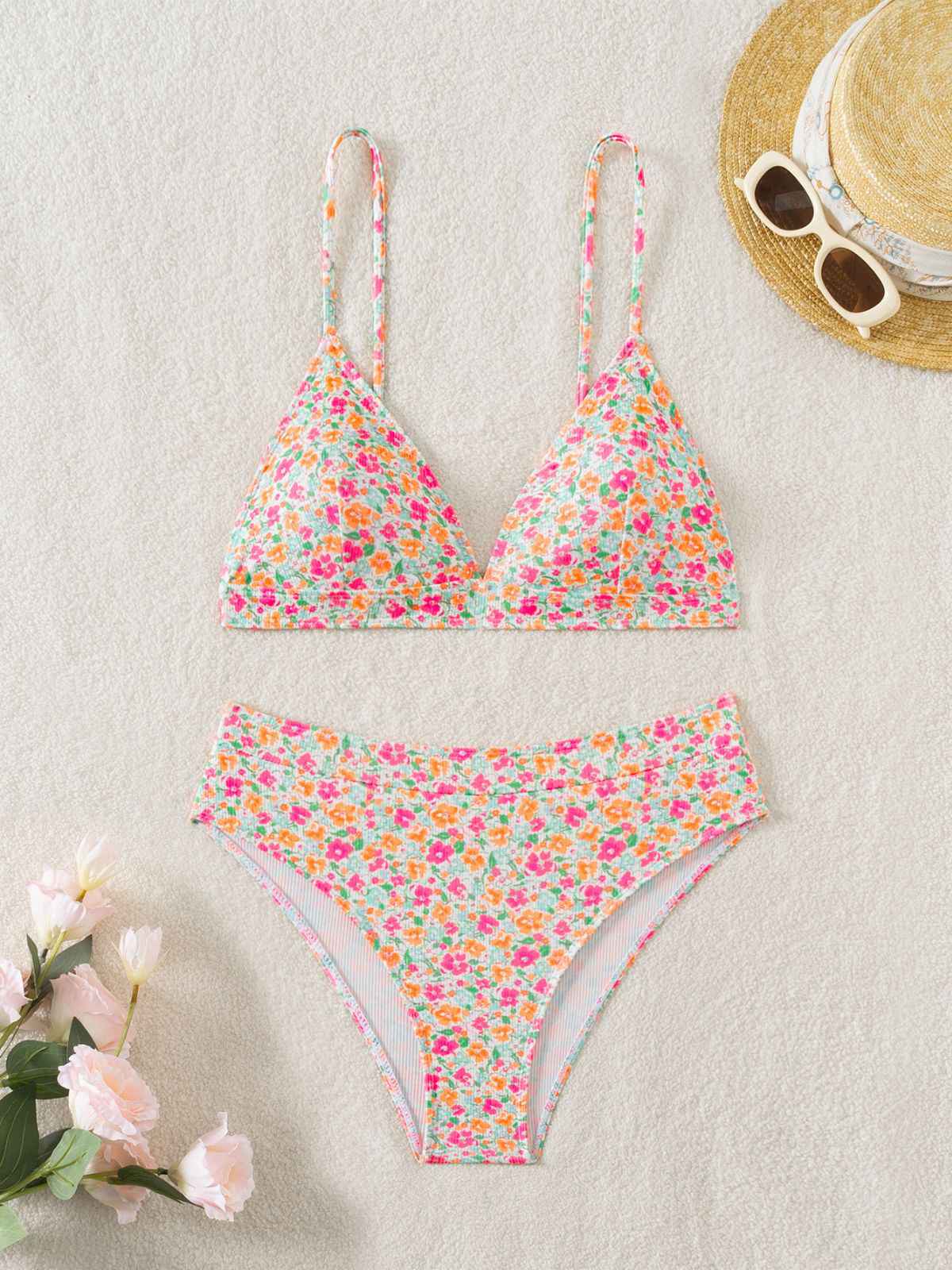 Multicolor 1950s Ditsy Floral Tie Back Bikini Set - Image 2