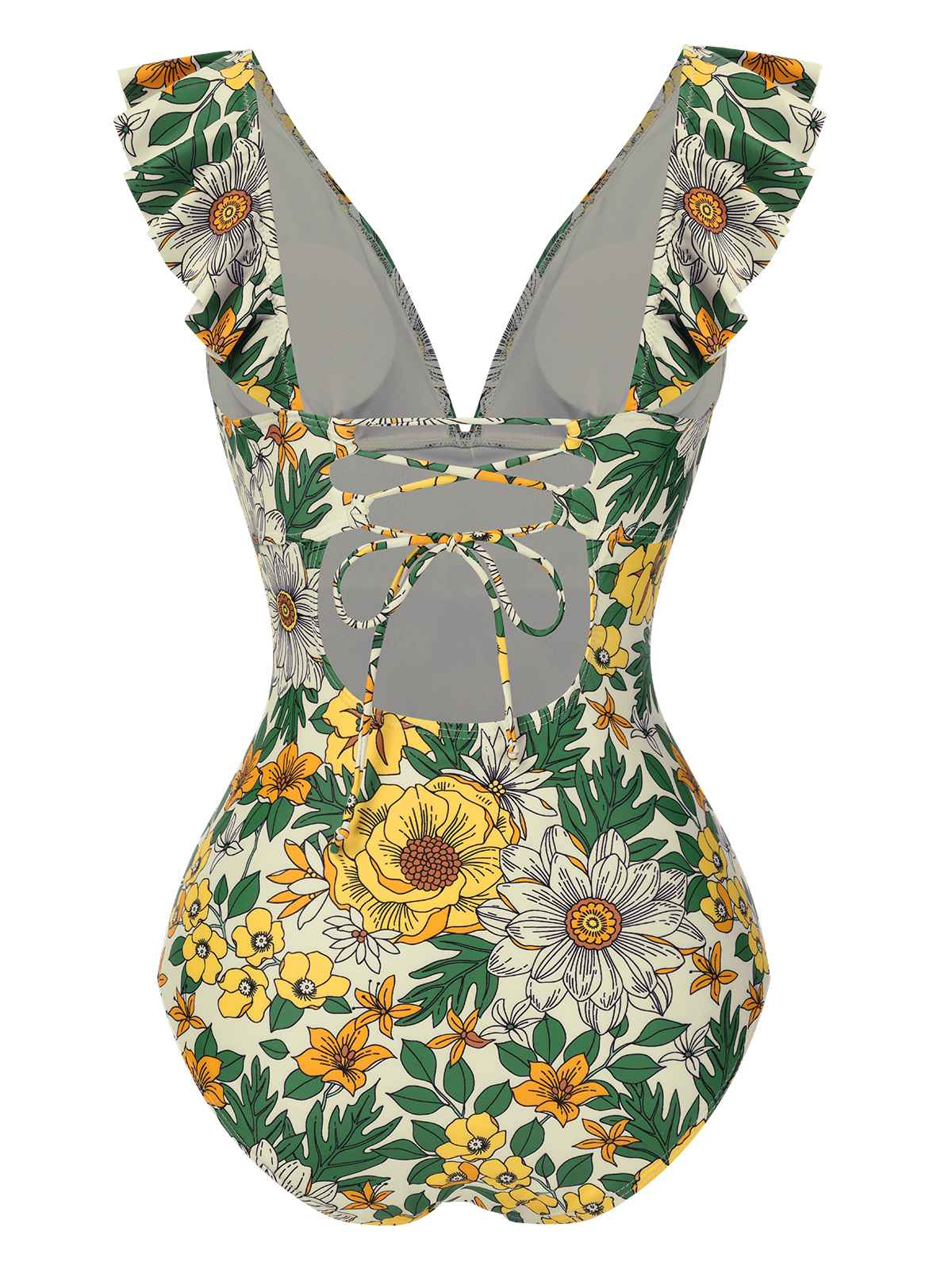 Multicolor 1950s Floral Ring Belted Ruffles Swimsuit - Image 3