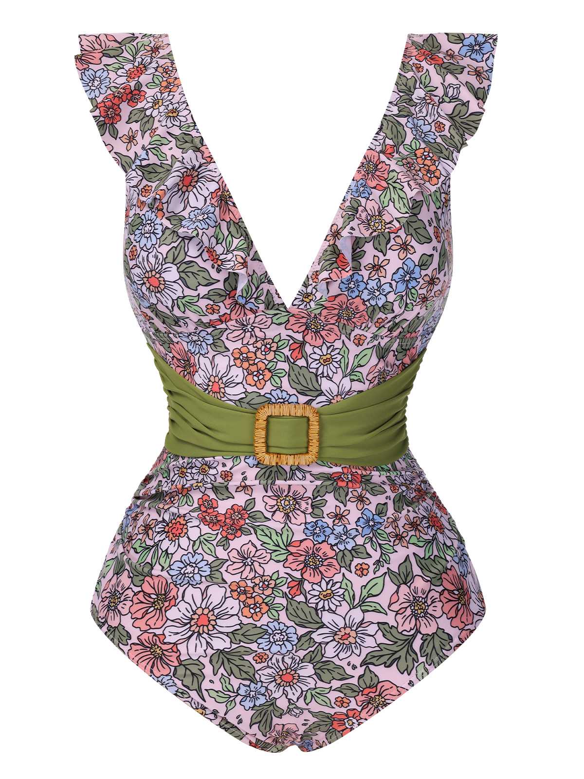Multicolor 1950s Floral Ring Belted Ruffles Swimsuit - Image 9