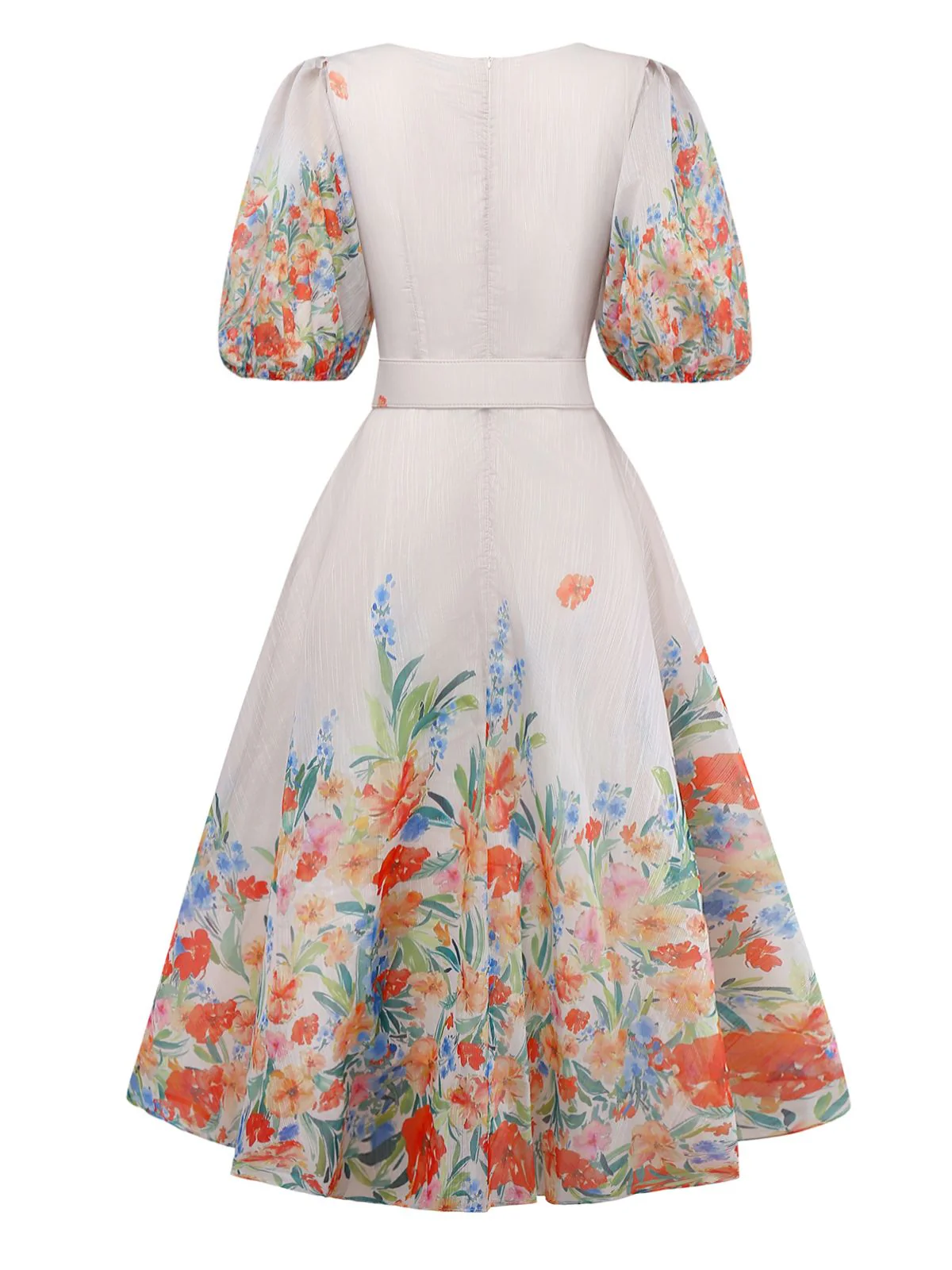 Multicolor 1950s Floral V-Neck Lantern Sleeve Belted Dress - Image 2