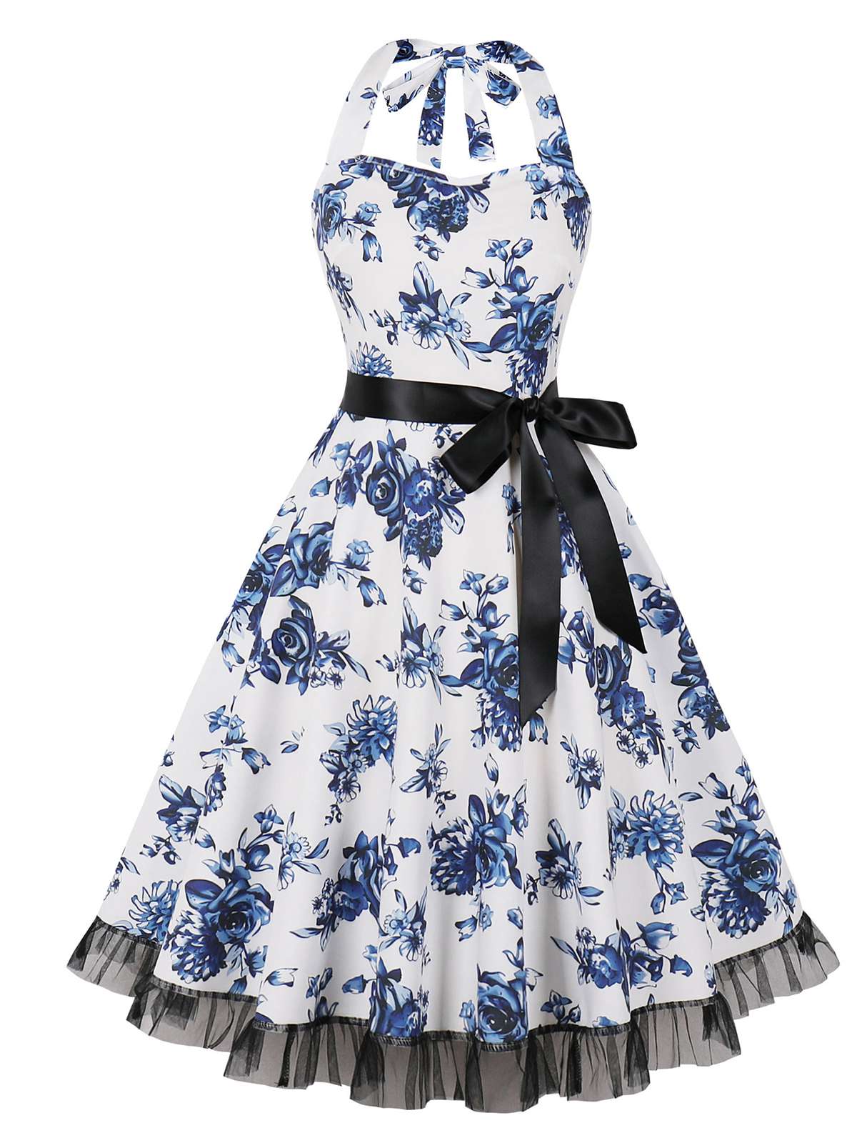 Multicolor 1950s Halter Floral Lace Hem Dress - Image 7