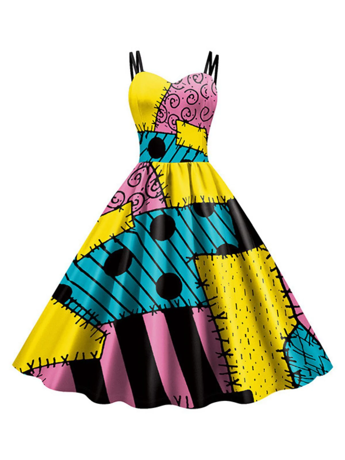 Multicolor 1950s Nightmare Before Christmas Sally Colorblock Dress - Image 2