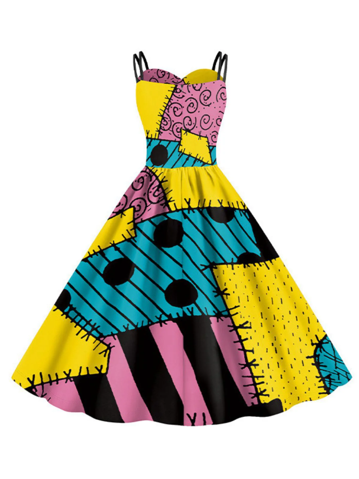 Multicolor 1950s Nightmare Before Christmas Sally Colorblock Dress - Image 3