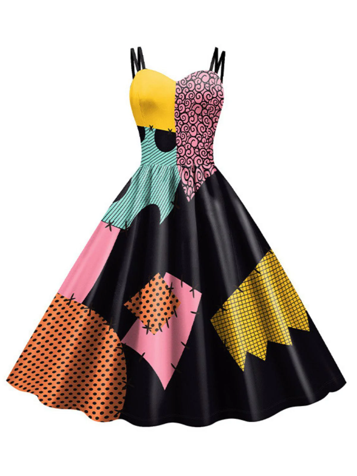 Multicolor 1950s Nightmare Before Christmas Sally Colorblock Dress - Image 4