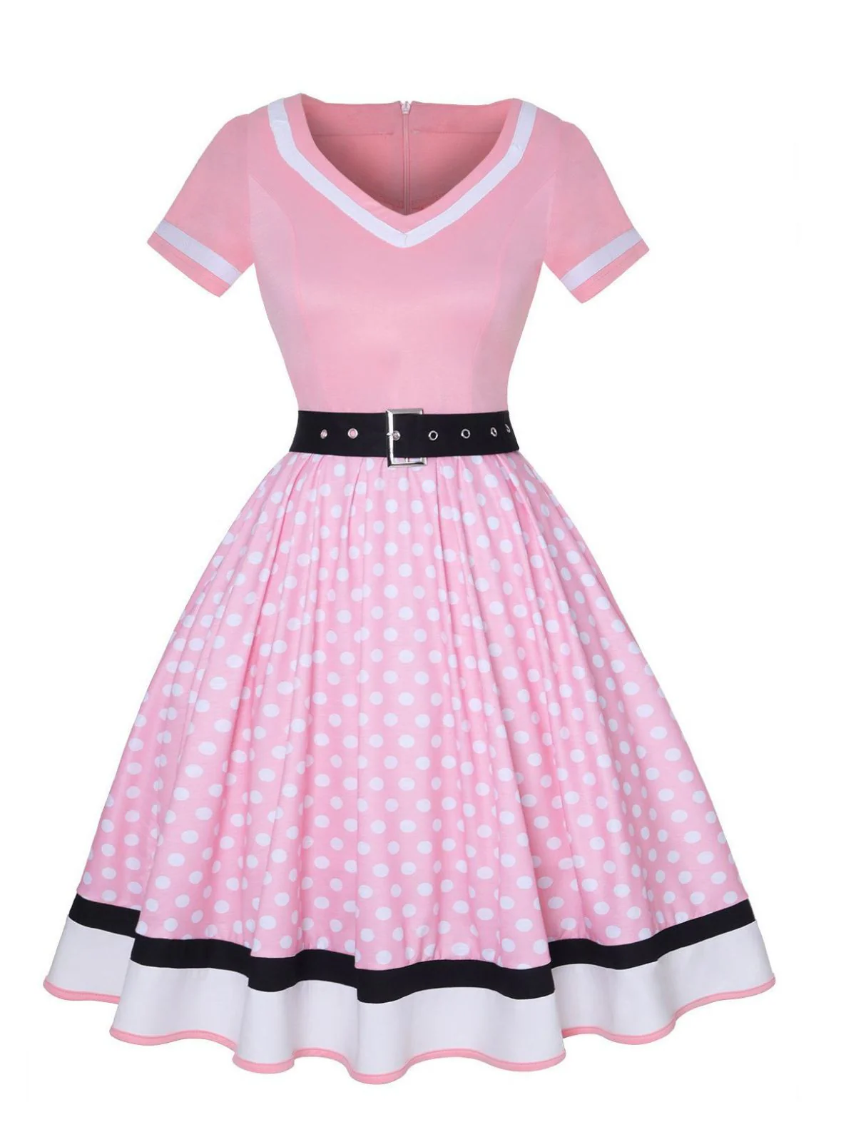 Multicolor 1950s Polka Dots Patchwork Belted Dress - Image 3