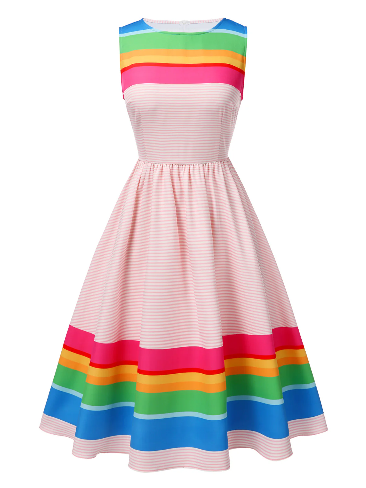 Multicolor 1950s Rainbow Striped Boat Neck Dress - Image 2