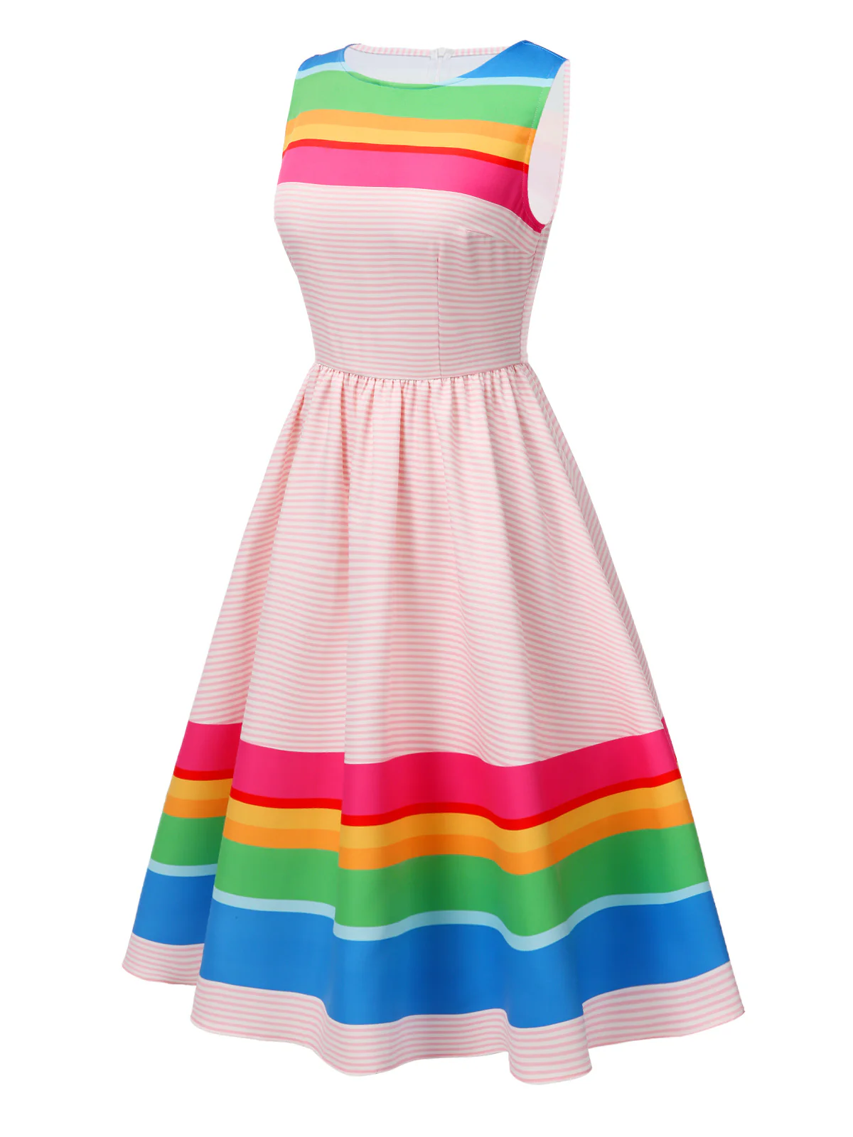 Multicolor 1950s Rainbow Striped Boat Neck Dress - Image 3