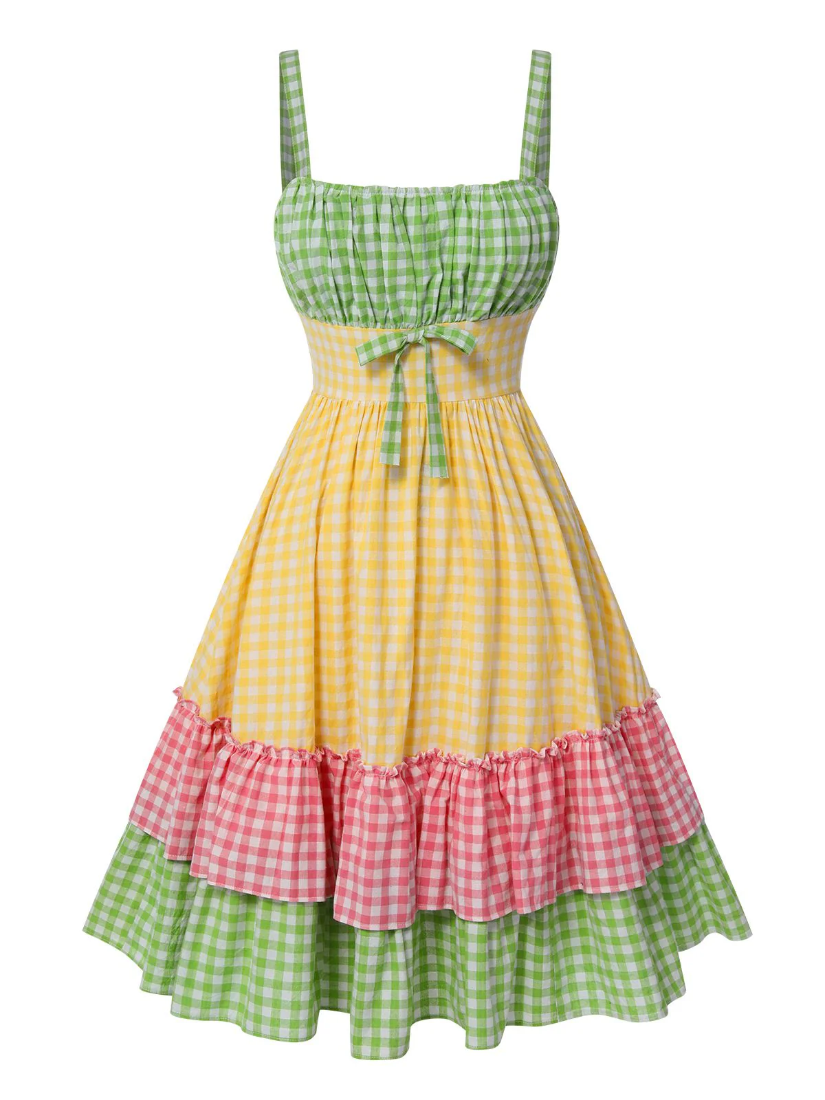 Multicolor 1950s Pure Cotton Straps Plaid Dress - Image 3
