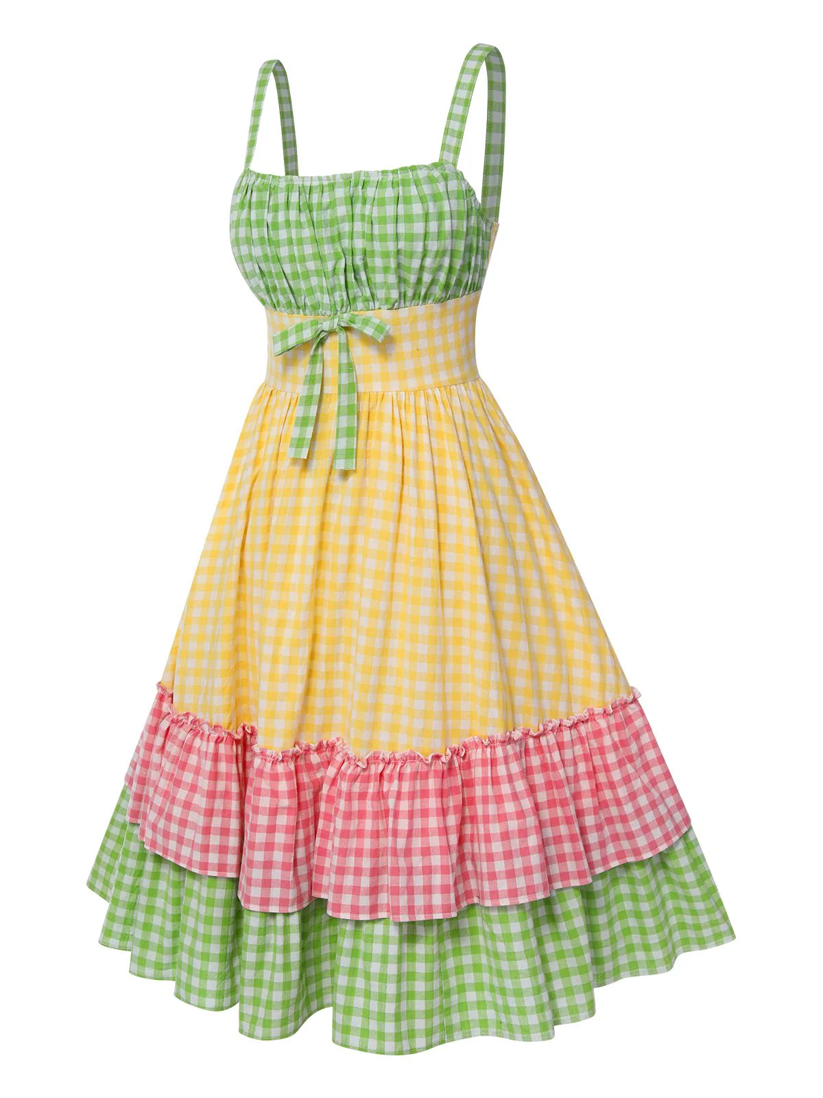 Multicolor 1950s Pure Cotton Straps Plaid Dress - Image 5