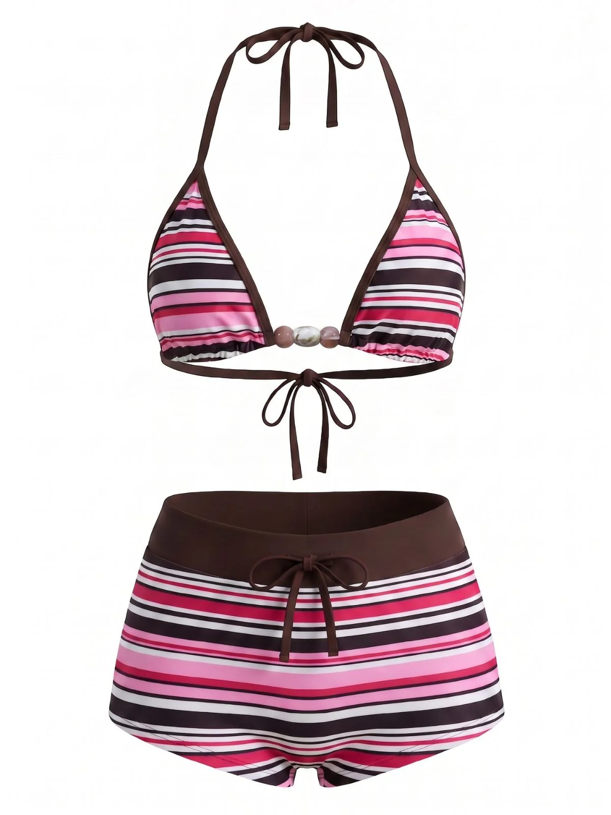 Multicolor 1950s Tie Halter Beaded Striped Swimwear Set