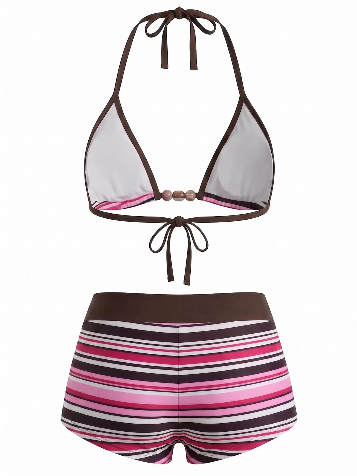 Multicolor 1950s Tie Halter Beaded Striped Swimwear Set - Image 2
