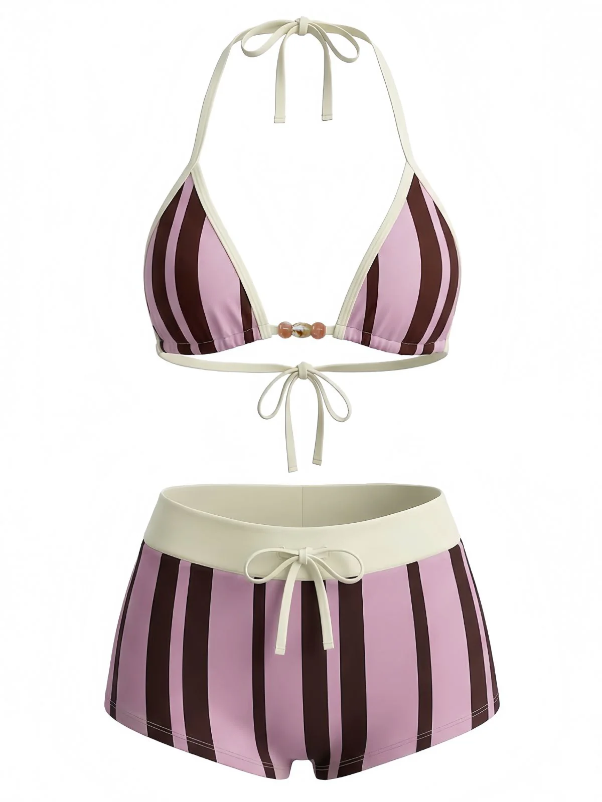Multicolor 1950s Tie Halter Beaded Striped Swimwear Set - Image 3